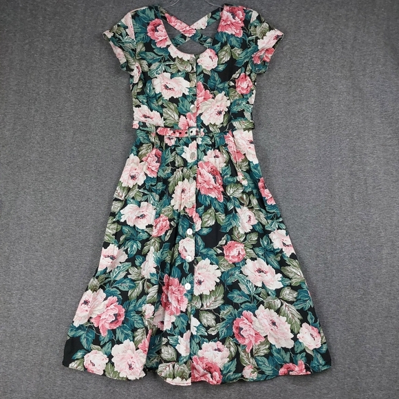 Carol Anderson Dresses & Skirts - CAROL ANDERSON PETITES WOMENS VTG 90S BLACK FLORAL BELTED A LINE DRESS SZ 14P